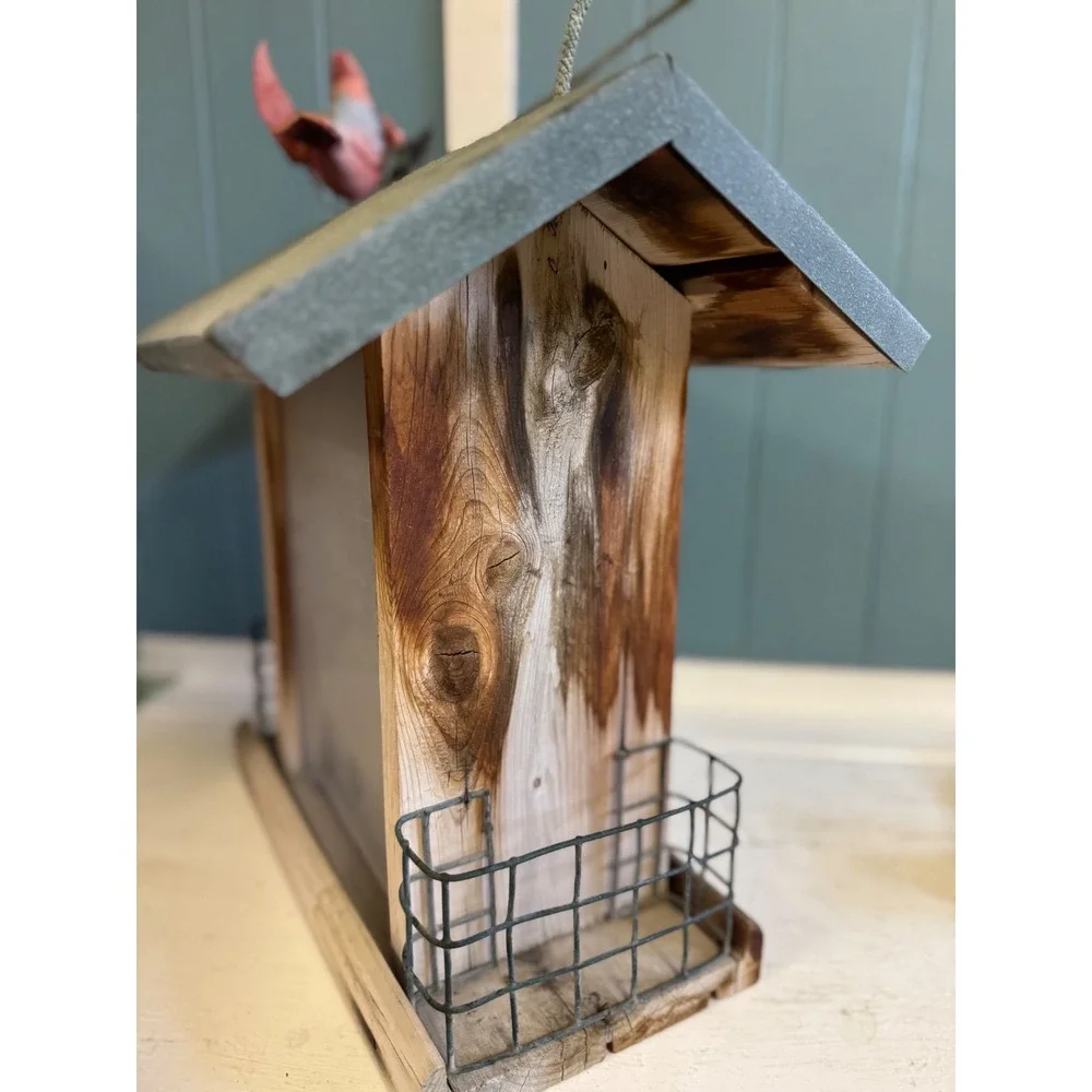 Rustic Cedar Wood Bird Feeder with Cardinal Wind Vane and Suet Cages
